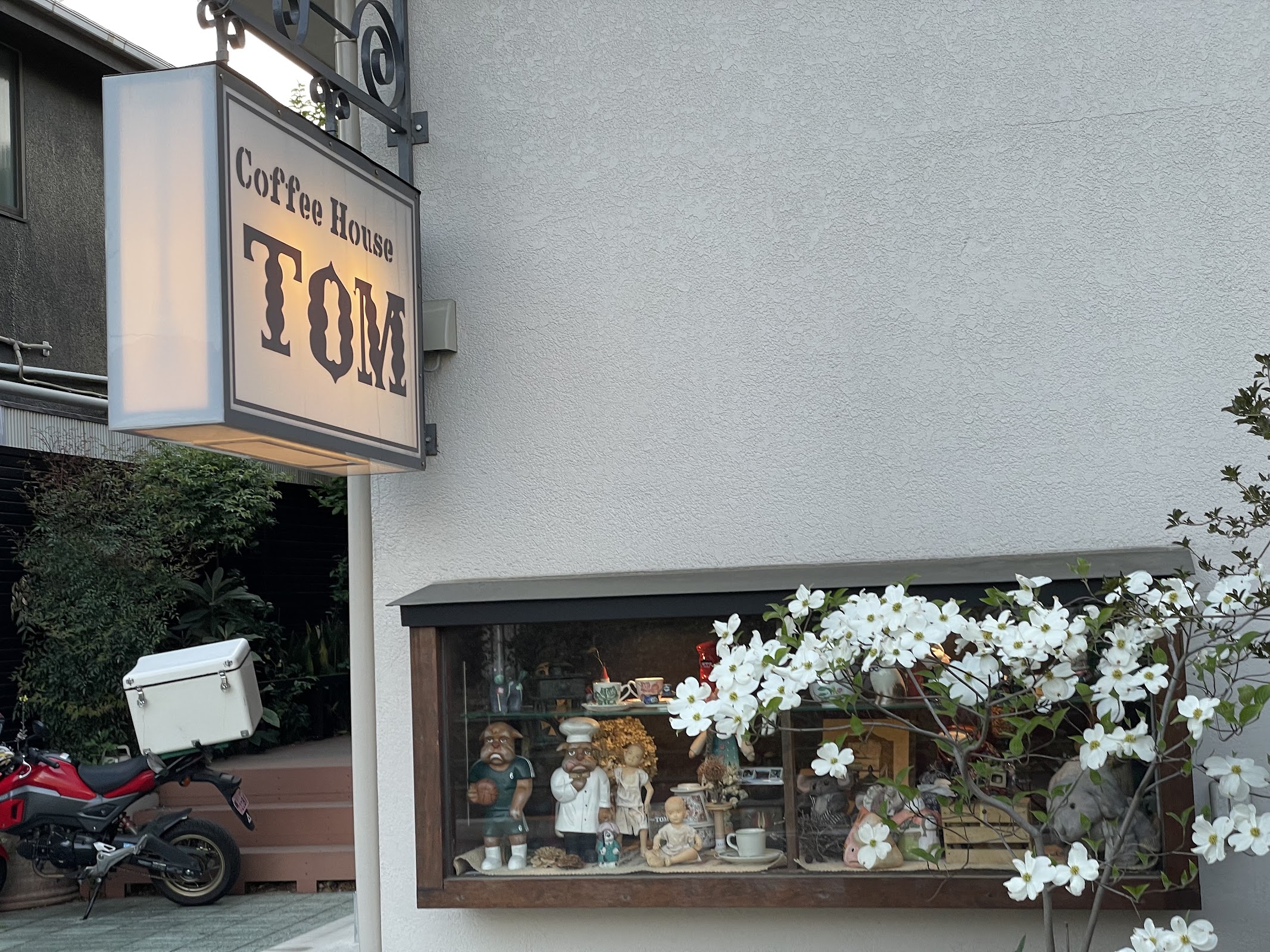 Coffee House TOMと書かれた白い電飾看板と、人形やカップが並ぶ木製ショーケース、白い花が咲く枝